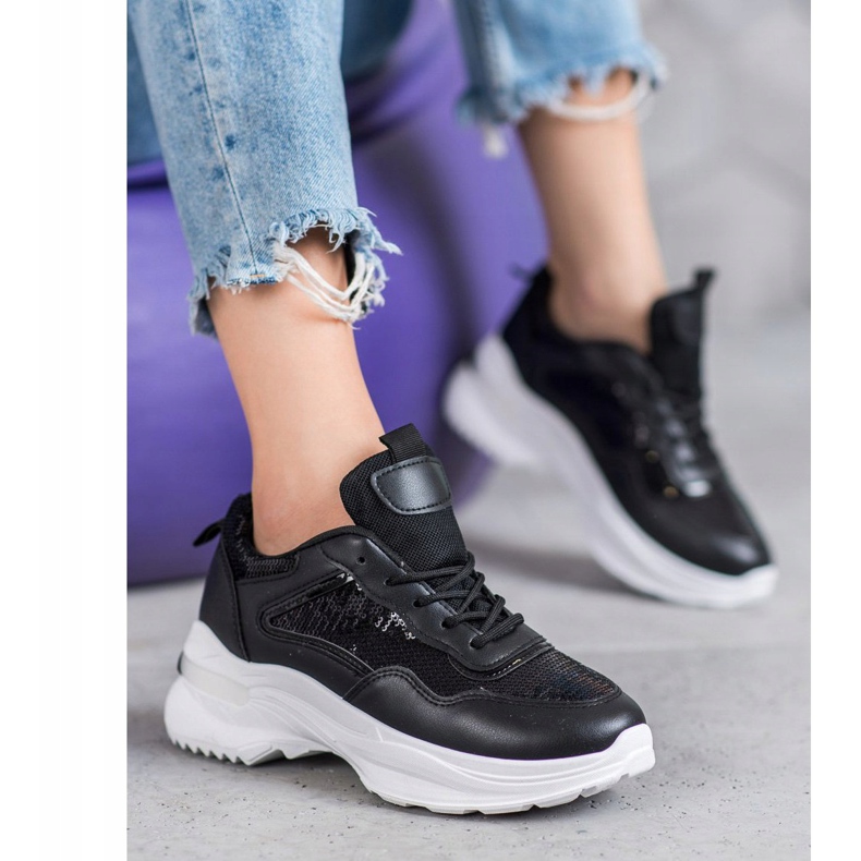SHELOVET Baskets à la mode avec des paillettes noir 2