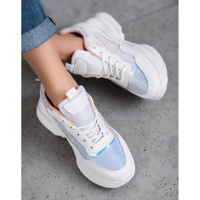 SHELOVET Baskets à la mode avec des paillettes blanc 1
