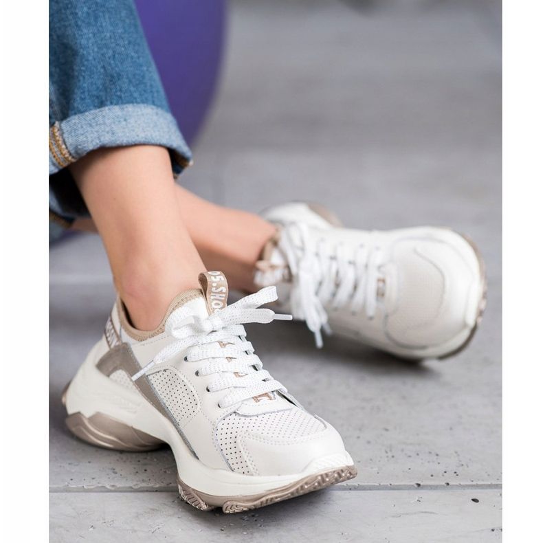 Goodin Baskets en cuir ajouré blanc jaune 2