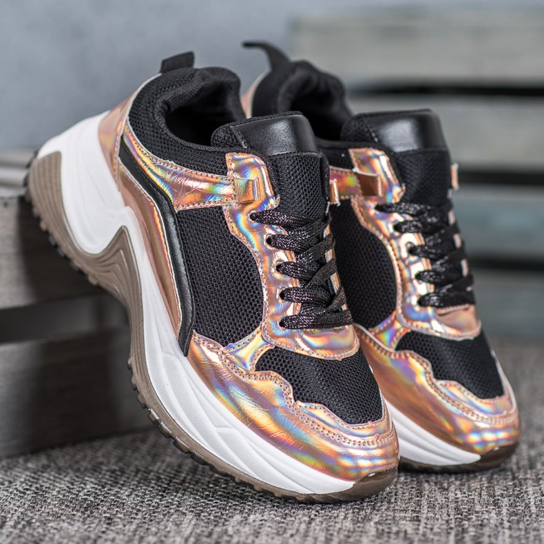 SHELOVET Baskets mode à effet holo noir jaune 2