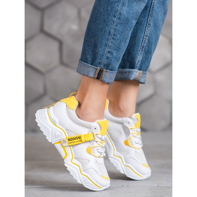 SHELOVET Baskets mode pour femmes blanc jaune 2