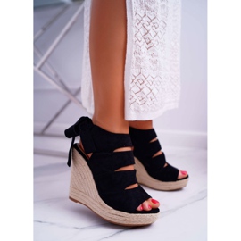 FRJ Sandales pour femmes sur un lin compensées nouées noir Cantare 1