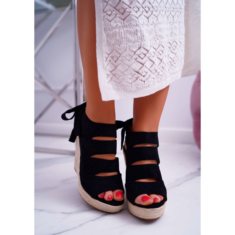 FRJ Sandales pour femmes sur un lin compensées nouées noir Cantare le noir 2