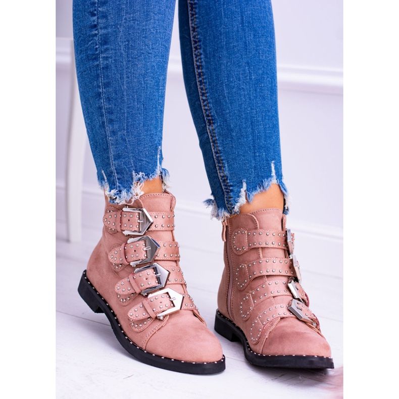 Lu Boo Rose Bottes Virginia Rock Star Rivets Boucles Daim 2