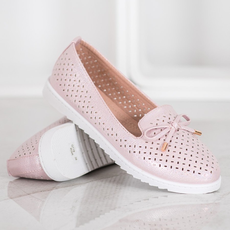 Weide Mocassins ajourés à paillettes rose 1