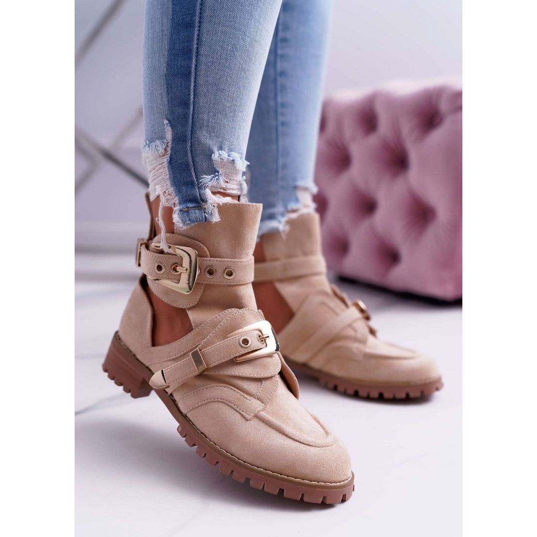 Lu Boo Bottines Decoupees En Daim Beige Rock Girl