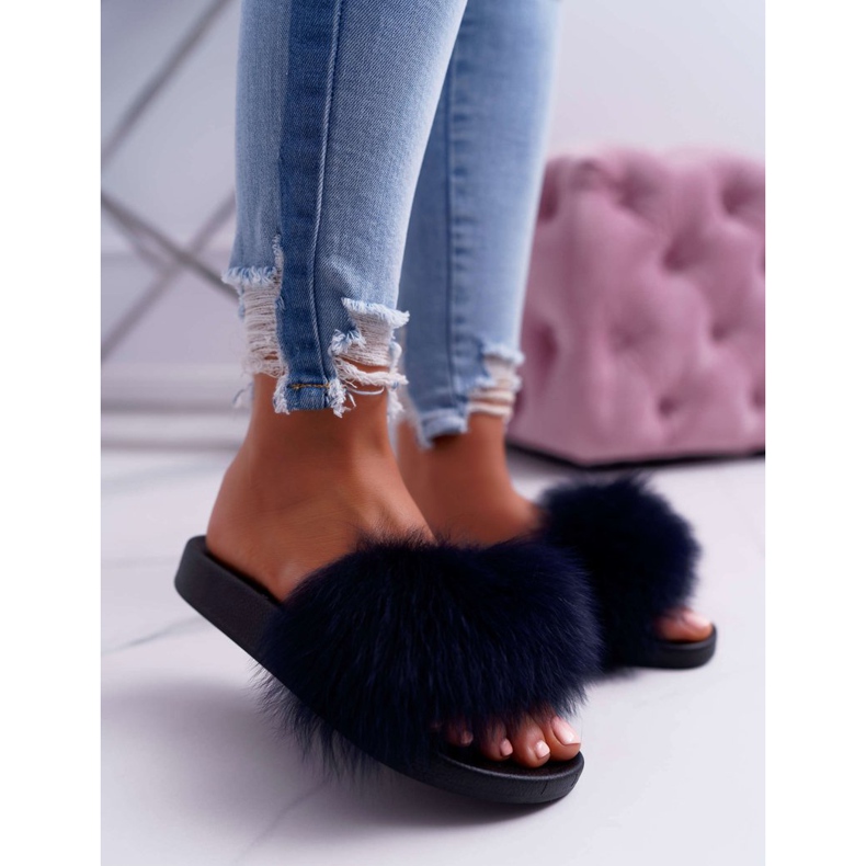 Chaussons Femme Fourrure Naturelle Naturis Bleu Marine 1