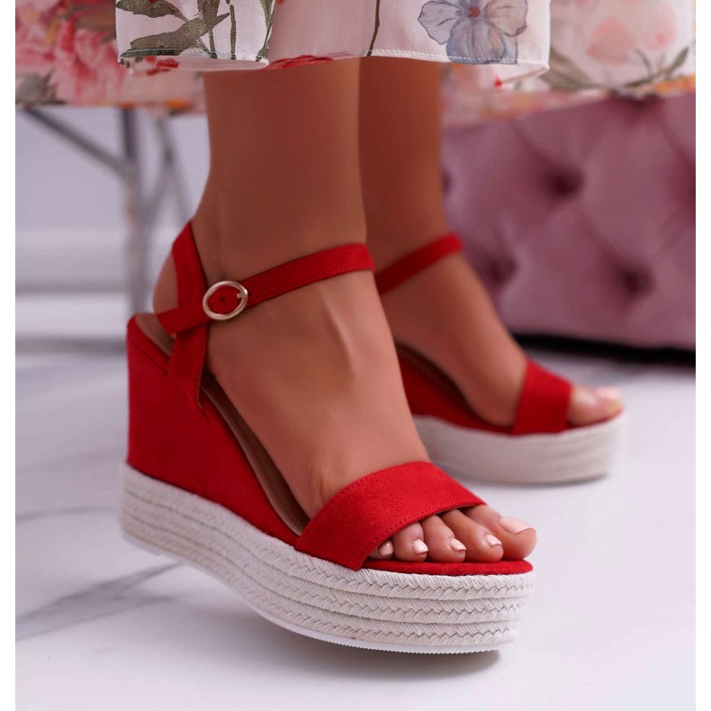 BUGO Sandales compensées pour femmes Lin Rouge Liviana 1