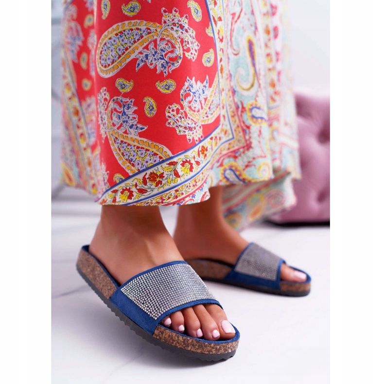 PS1 Chaussons pour femmes sur liège avec cristaux bleu marine 1