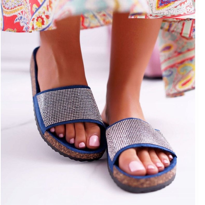 PS1 Chaussons pour femmes sur liège avec cristaux bleu marine 2