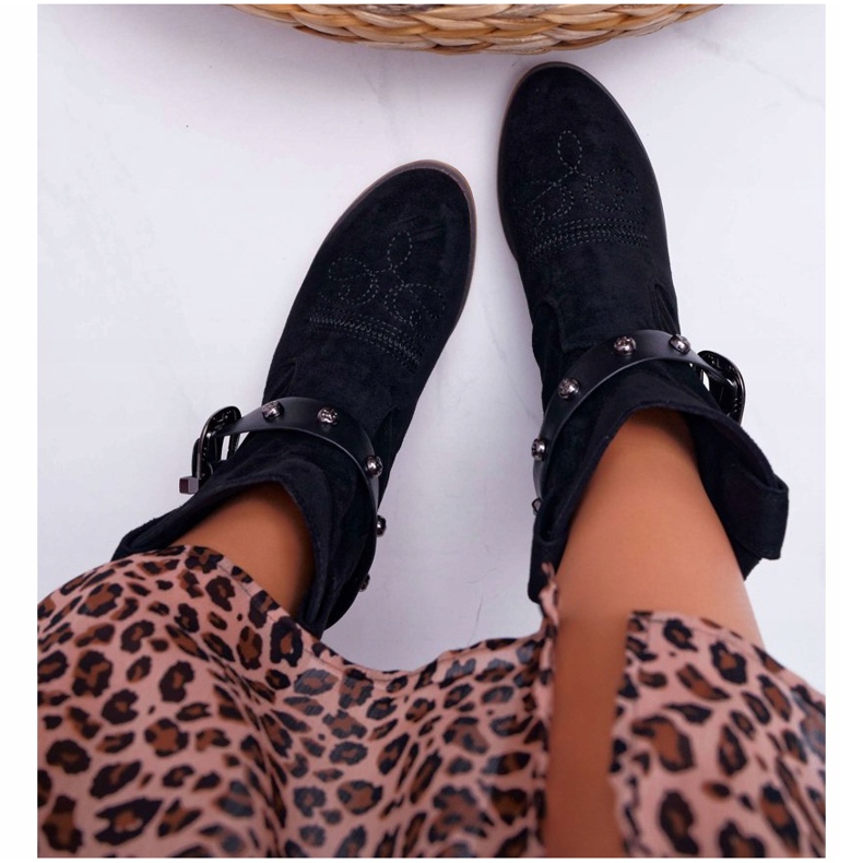 FB2 Bottines Femme à Talon Plat Cowboy Boots à Boucle Noir Ewella 1