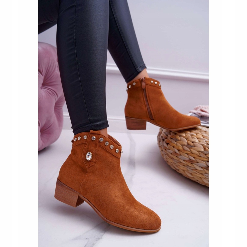 FP1 Bottes Femme Sur Talon Plat Bottes Cowboy Avec Oxyde De Zirconium Camel Patti brun 2