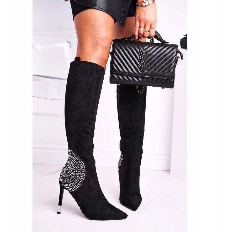 HAN Bottes Pour Femmes Sur Un Talon Au Genou Noir À La Mode le noir 1