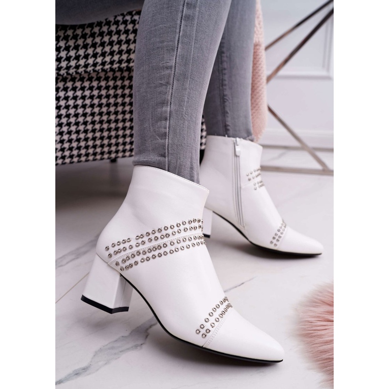 SEA Bottines Femme À Talons En Spitz Avec Rivets Blanc Primma 1