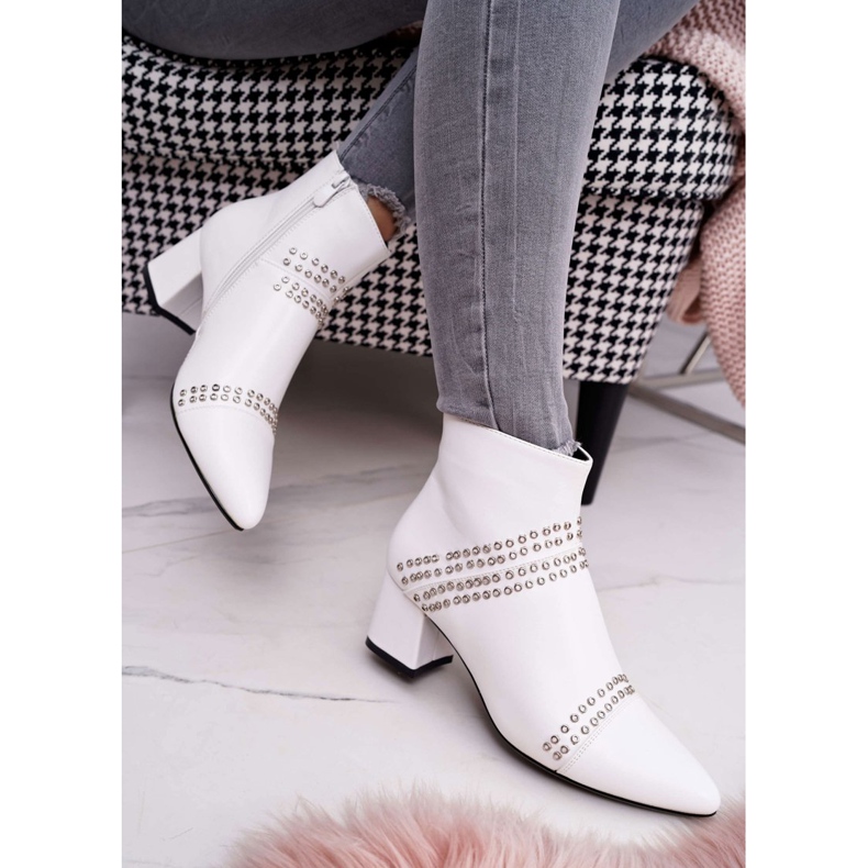 SEA Bottines Femme À Talons En Spitz Avec Rivets Blanc Primma 2