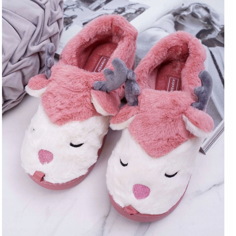 BUGO Chaussons Femme Avec Fourrure Et Renne Renne Rose Foncé 1