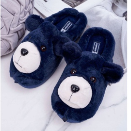 BUGO Pantoufles pour femmes avec fourrure d'ours en peluche bleu marine 1
