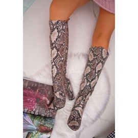 FRGIV Bottines À Talons Hauts Femme Peau De Serpent Beige Brouny 1