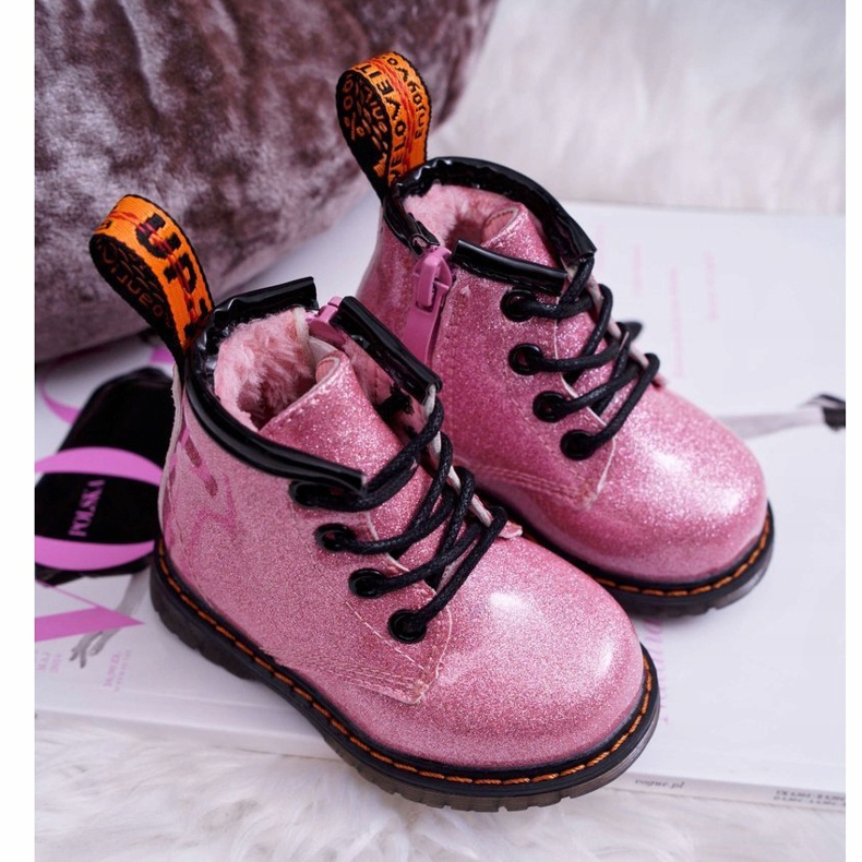 FRROCK Bottines Chaudes Enfant Zippées Laquées Rose Paillettes Mistor 1