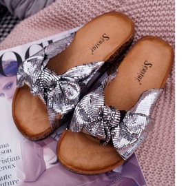 PS1 Pantoufles pour femmes avec nœud métallique argenté gris 1 PS1 Pantoufles pour femmes avec nœud métallique argenté gris 1