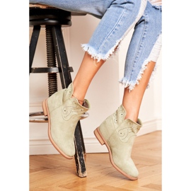 SEA Bottines Femme Talon Plat Daim Ajouré Vert Raffe 3