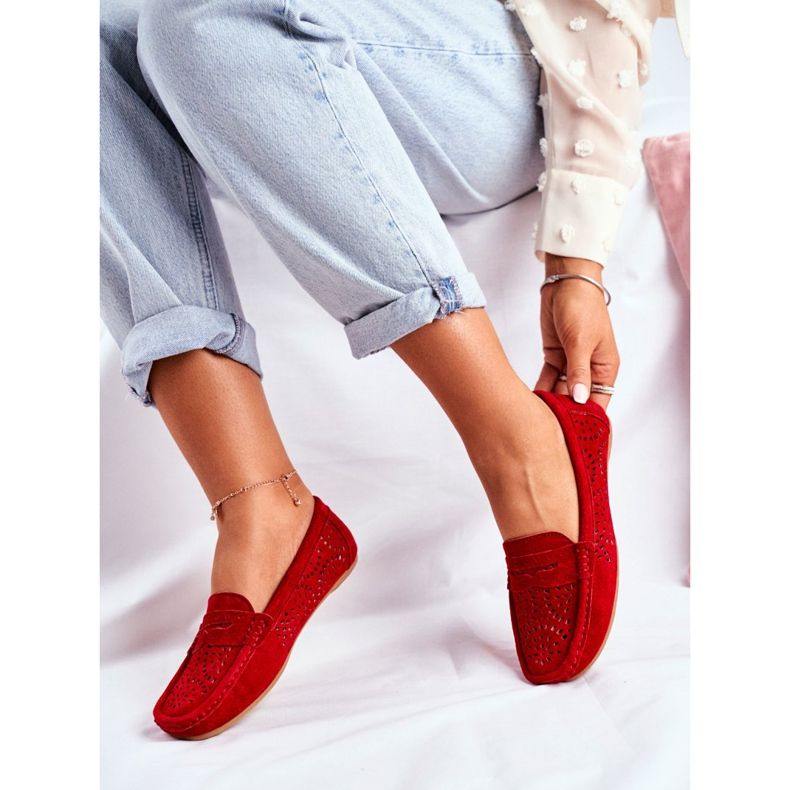 S.Barski Mocassins Femme Cuir Ajouré Rouge Salem 2