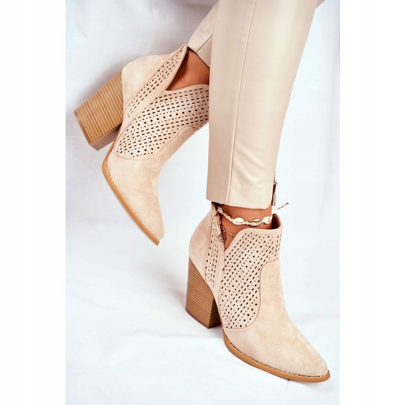 MSMG Bottines Femme Talon Daim Ajouré Beige Clair Nuances 1