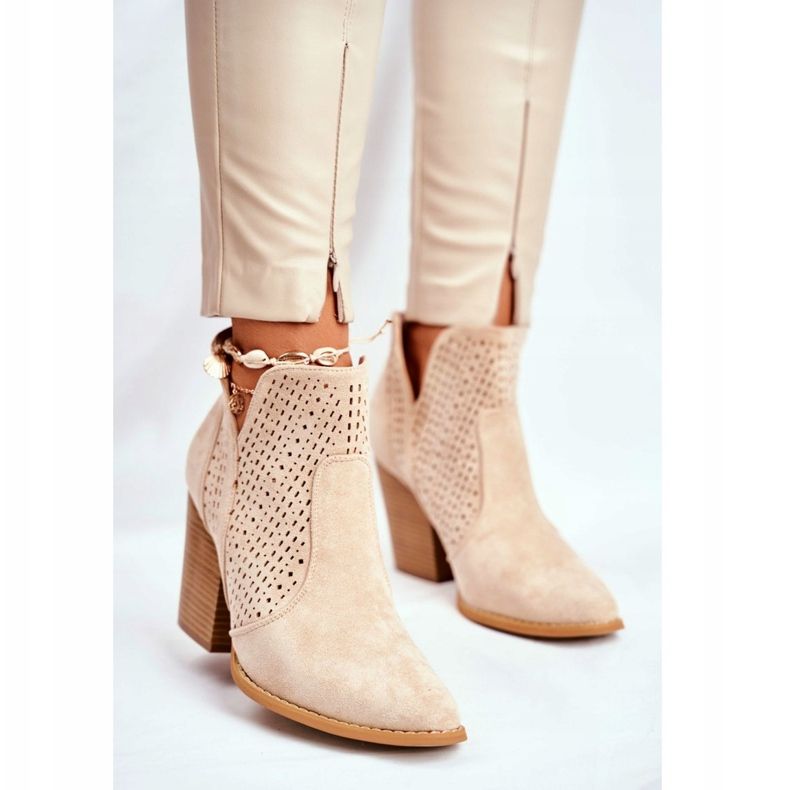 MSMG Bottines Femme Talon Daim Ajouré Beige Clair Nuances 2