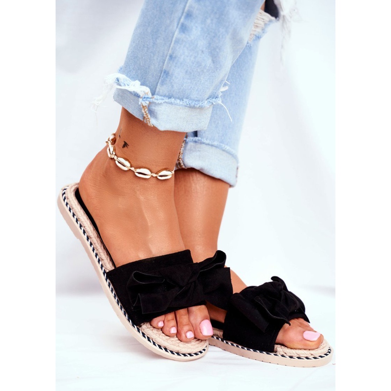 FRJ Chaussons Femme Noirs Happiness Avec Un Noeud 1