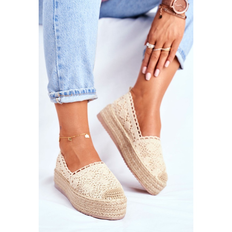 FRJ Espadrilles En Dentelle Pour Femmes Sur Une Plate-Forme Folklorique Beige 1
