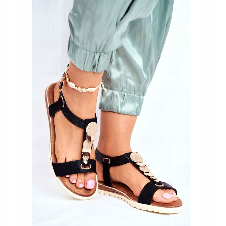 EVE Sandales plates noires pour femmes avec décorations Milton le noir 2