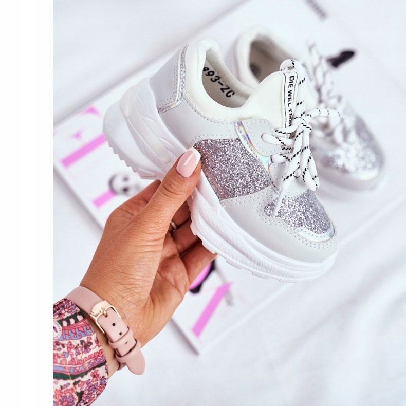 FRROCK Chaussures de sport pour enfants avec brocart argent Matylda blanche gris 2