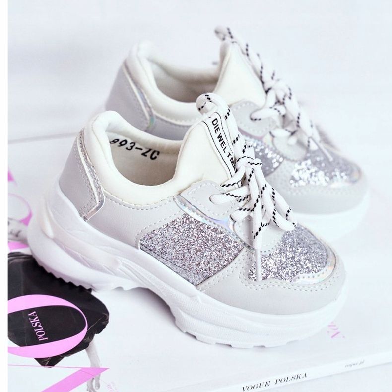 FRROCK Chaussures de sport pour enfants avec brocart argent Matylda blanc gris 1
