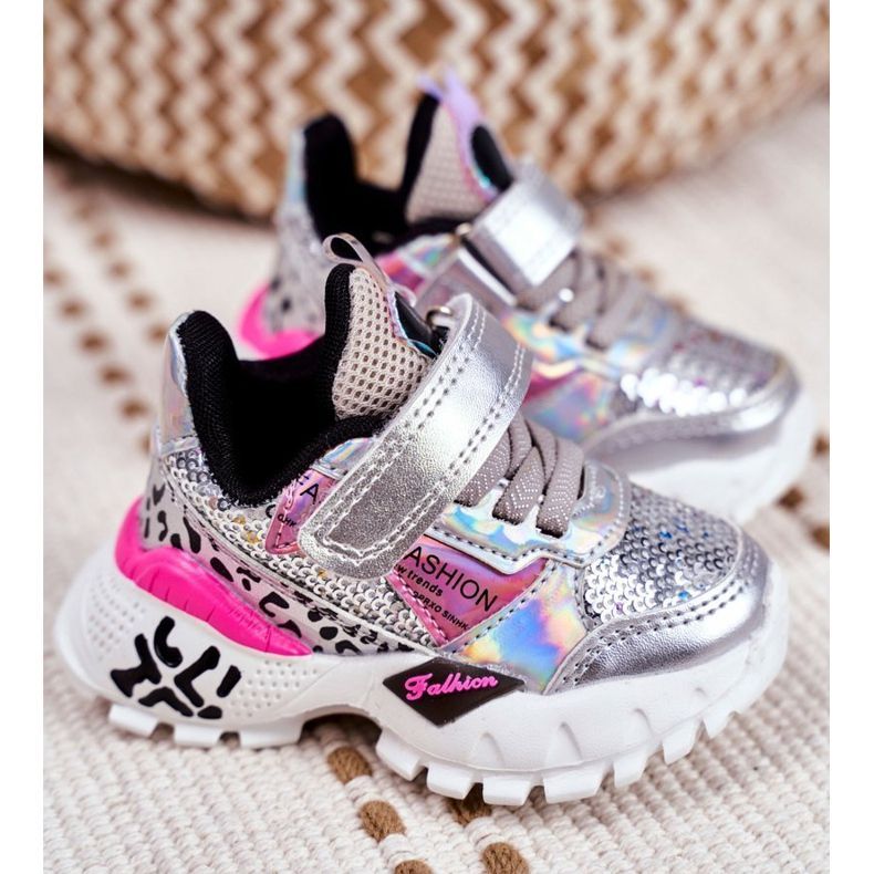 FRROCK Chaussures de sport pour enfants avec velcro argent Be Happy gris 1