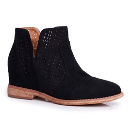 Bottines Femme Talon Plat Daim Ajouré Nuances Noires le noir 1