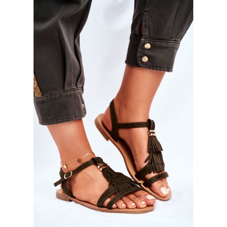 FJ1 Sandales Femme Plat Daim Boho Olive Lucami multicolore vert 1