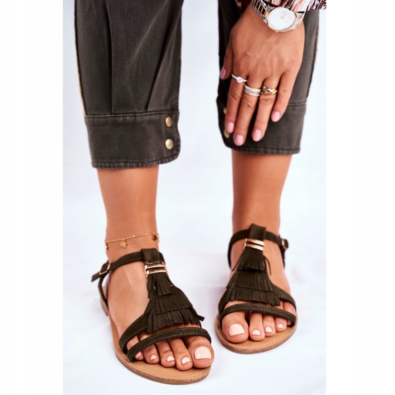 FJ1 Sandales Femme Plat Daim Boho Olive Lucami multicolore vert 2