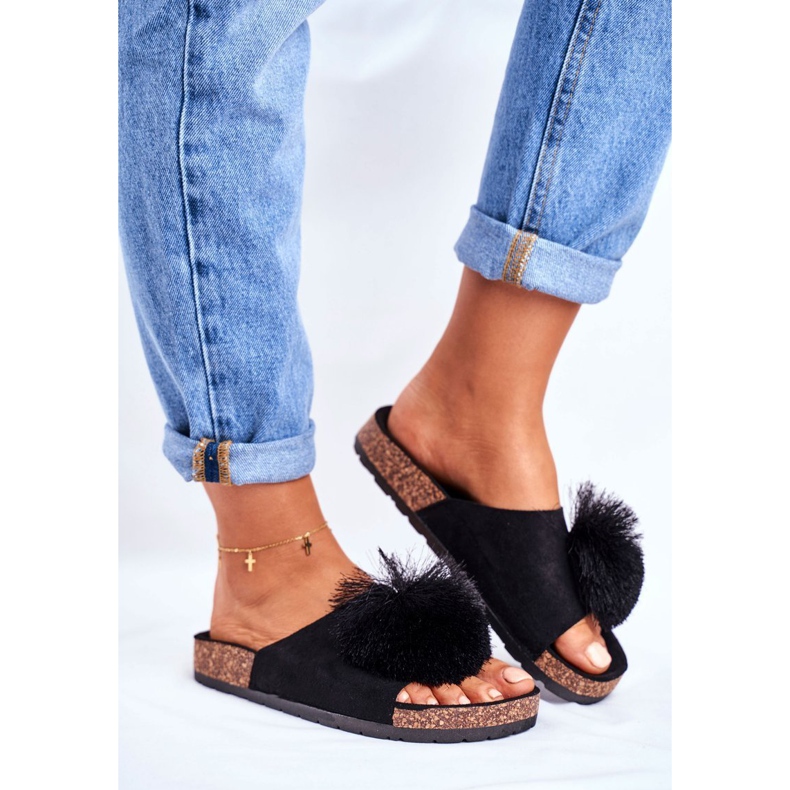 MSMG Chaussons Femme Noir Sur Liège Avec Pompon Galaxo le noir 1 MSMG Chaussons Femme Noir Sur Liège Avec Pompon Galaxo le noir 1