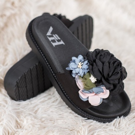 SHELOVET Pantoufles En Daim Avec Fleurs le noir 2