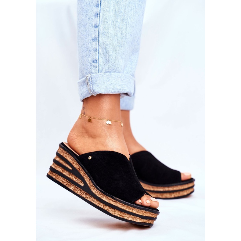 Pantoufles En Cuir Pour Femmes Sur Compensée Nicole 2559 Black Lemonade le noir 1