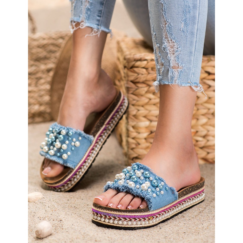 Small Swan Pantoufles Sur La Plateforme Avec Des Perles bleu 2