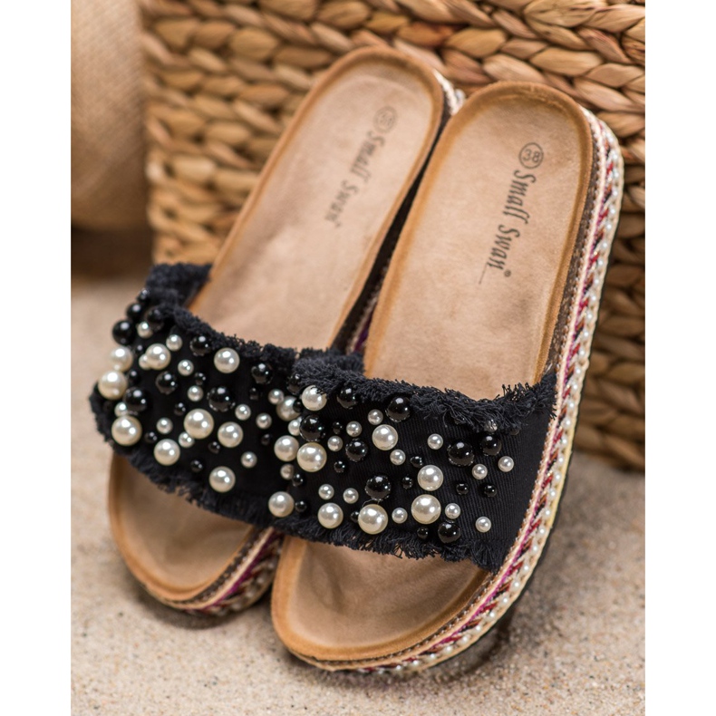 Small Swan Pantoufles Sur La Plateforme Avec Des Perles noir 1