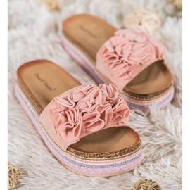 Small Swan Pantoufles En Daim Avec Ornements rose 3