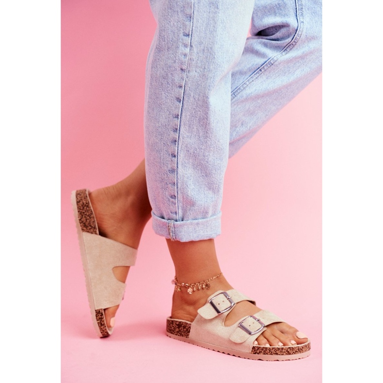 Tongs en liège pour femmes avec boucles beiges 2