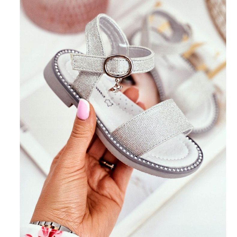 Apawwa Sandales Enfant avec Velcro Brocart Argenté Verden gris 1