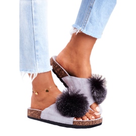 MSMG Chaussons Femme Gris Sur Bouchons Avec Pompon Galaxo 2