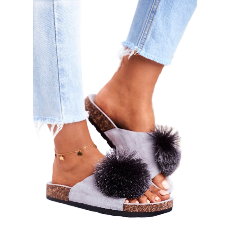 MSMG Chaussons Femme Gris Sur Bouchons Avec Pompon Galaxo 2