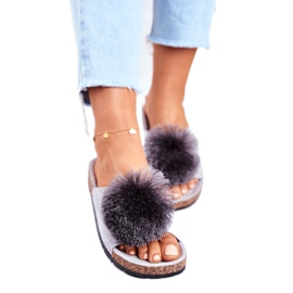 MSMG Chaussons Femme Gris Sur Bouchons Avec Pompon Galaxo 3