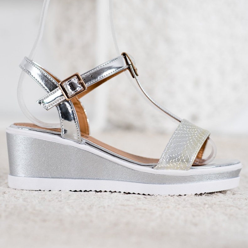 SHELOVET Compensées argentées avec cuir écologique gris 2