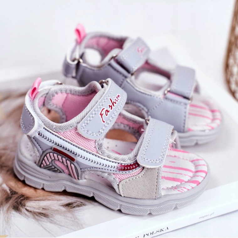 PL1 Sandales Enfant avec Velcro Gris Grobino rose 2
